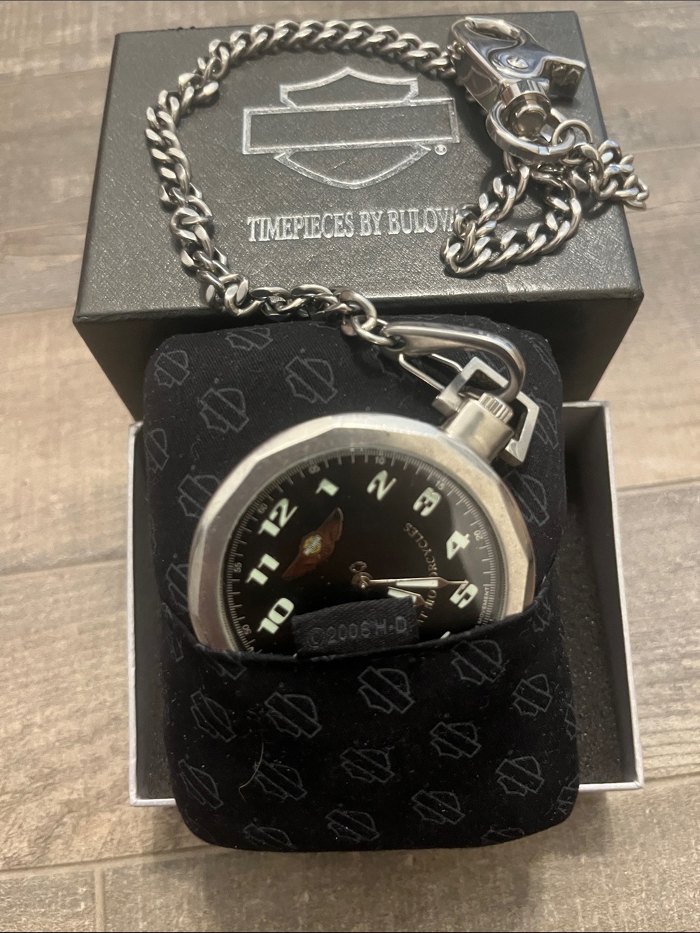 Harley-Davidson 100 Years Black Dial Silver Pocket Watch with Chain
